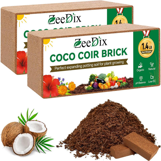 ZeeDix 2 Pcs Coco Coir Brick for Plants- 100% Organic Coconut Coir for Garden Soil & Potting Mix, Low EC and pH Balance, Compressed Coconut Husk Fiber for Seed Starter Soil for Indoor Outdoor Plants