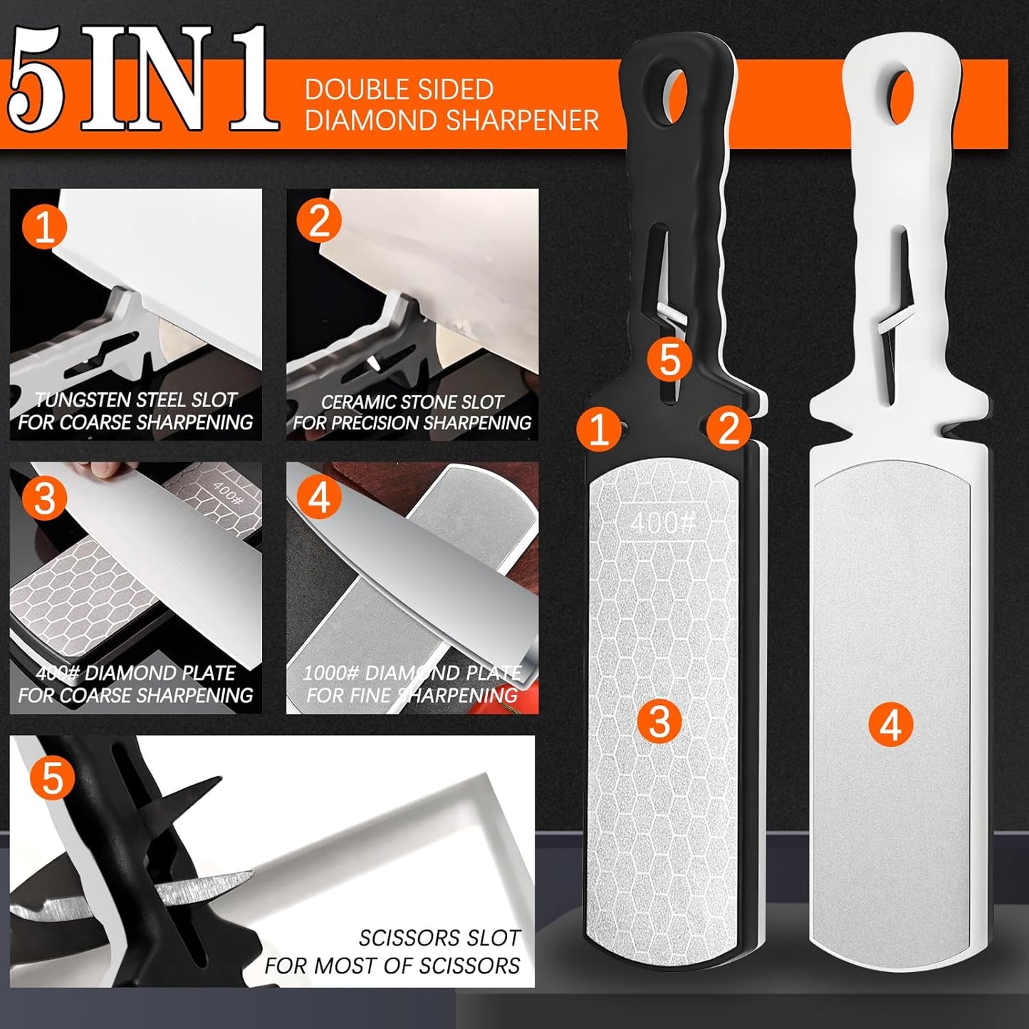 Diamond Sharpening Stone,400/1000 Grit Handheld Double-Sided Diamond Sharpener 5 in 1 Honeycomb Surface Knife Sharpener Plate Whetstone with Ceramic & Tungsten Steel Scissor Slot,White