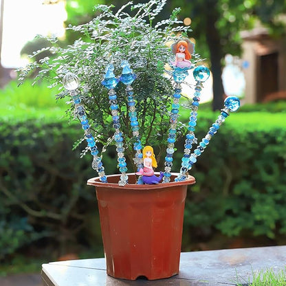 158 Pcs DIY Fairy Wand Garden Stakes Kit,Multiple Color Scheme European Beads Crystal Diamond Tops and 12 or 10 Inch Threaded Rods,Stainless Steel Stakes with Diamond Toppe(Aqua)