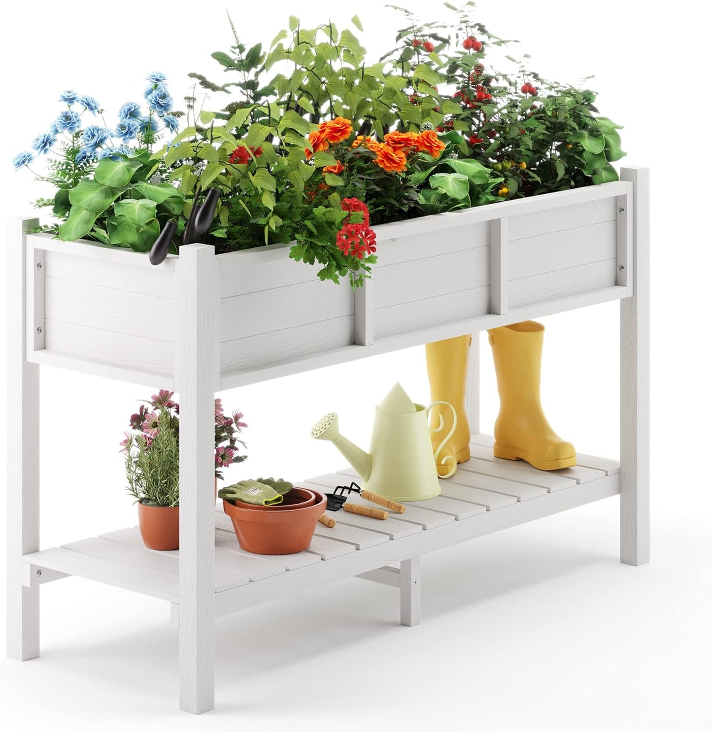 LUE BONA Raised Garden Bed with Tools, 47*18*29 in, Poly Elevated Planter Box with Legs And Storage Shelf, Weather Resistant, 3-Year Warranty, Standing Growing Bed Herb Planter for Vegetable, White
