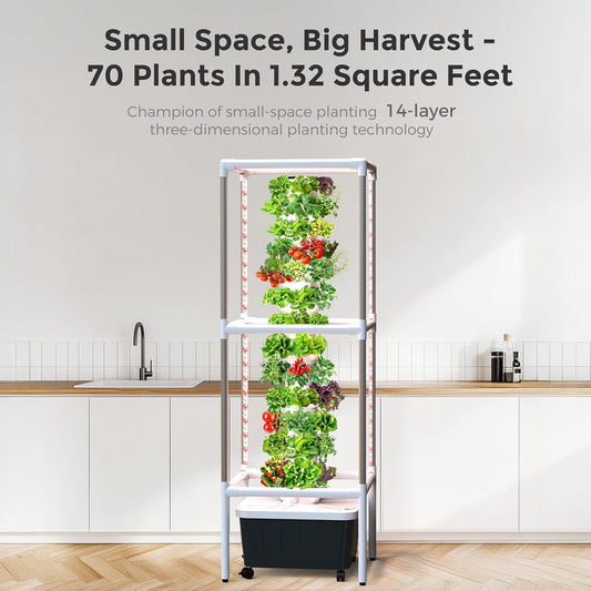 SJZX Hydroponic Growing System Kit - 70 Pods Large Vertical Hydroponics Tower with 8 Full-Spectrum 360° LED Grow Lights, 14-Tier Smart Indoor Herb Garden for Kitchen Office Winter Balcony Planting
