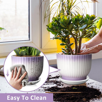8 Inch Plant Pot, Ceramic Planter with Drainage and Saucer, Ceramic Pots for Plants, Indoor Plant pots,Ceramic Flower pots(Purple + White, Plants NOT Included)