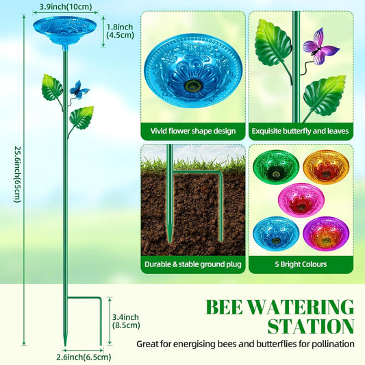 5 Pack Bee Watering Station, Bee Bath for Garden Metal Bee Butterfly Feeder, Colorful Flower Shape Bee Watering Cup Bowl Bee Waterer for Outdoor Outside Yard Decor Pollinator Watering