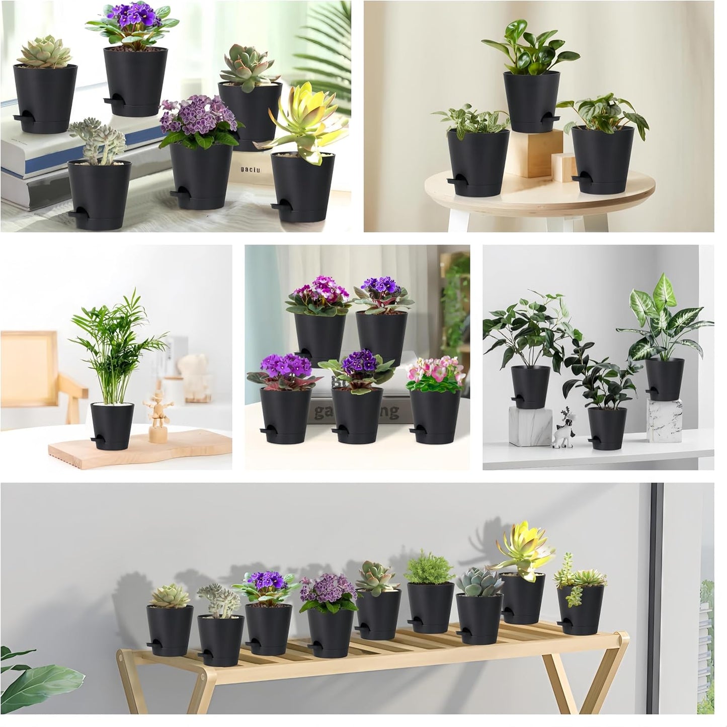 5 Pack 5 inch Self-Watering Pots, African Violets Planter with Drainage Holes and Reservoir, Black Plastic Planter for Indoor Outdoor Plants Flowers and Houseplants Black, 5 inch 5 pcs