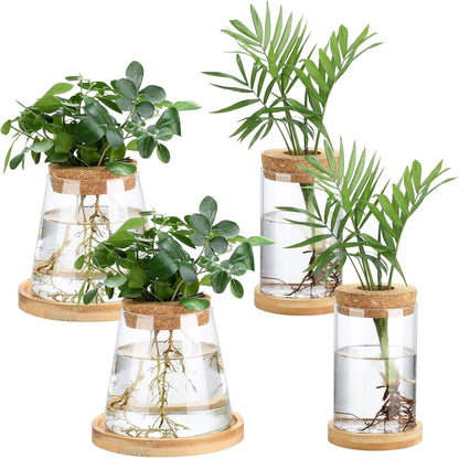 Layhit 4 Pcs Plants Propagation Stations vases Glass Planters with Wooden Lid and Bamboo Stand for Hydroponic Plants Gardening Gifts for Women Mom Home Office Tabletop Decoration(Stylish Style)