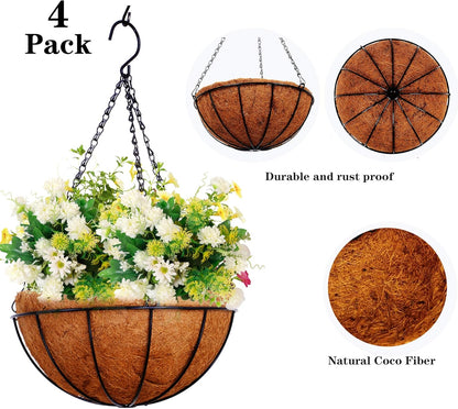 Hanging Planters Basket Outdoor Indoor(14 inch 4 Pack)-Coconut Coir Hanging Baskets for Plants Outdoor,Metal Wire Baskets with Coco Liner Window Box Planters, hanging Flower Pots For Railings…