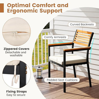 Tangkula 7-Piece Patio Dining Set, Outdoor Acacia Wood Cushioned Chairs and 51”-64” Expandable Rectangular Table Set, with Umbrella Hole, 6 Stackable Armchairs, for Poolside Garden (Off White)