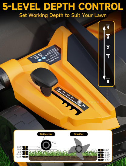 15.5 Amp 16-Inch Electric Dethatcher and Scarifier, Lawn Dethatcher with Foldable Design, 14.5-Gallon Bag, 5-Position Depth Adjustment, Quick Blade Replacement, Ideal for Healthy Lawn Care