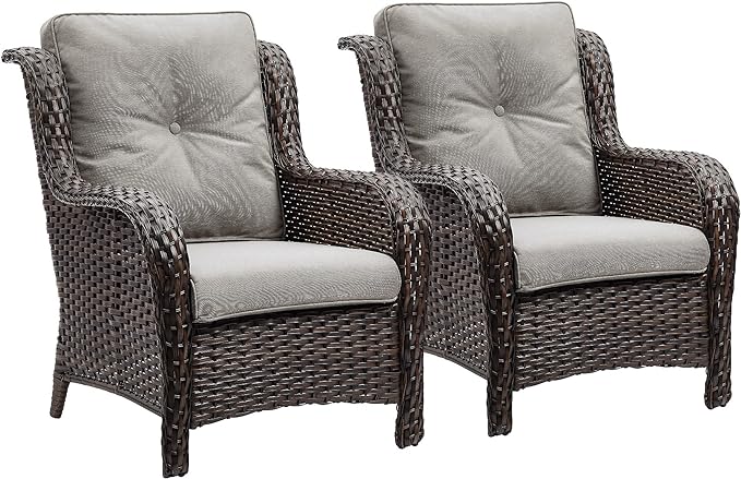 Rilyson Outdoor Wicker Patio Chairs Set of 2: Rattan Dining and Porch Chairs with High Back and Deep Seating (Brown/Grey)