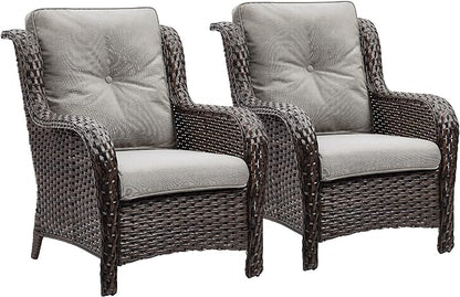 Rilyson Outdoor Wicker Patio Chairs Set of 2: Rattan Dining and Porch Chairs with High Back and Deep Seating (Brown/Grey)