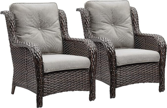 Rilyson Outdoor Wicker Patio Chairs Set of 2: Rattan Dining and Porch Chairs with High Back and Deep Seating (Brown/Grey)