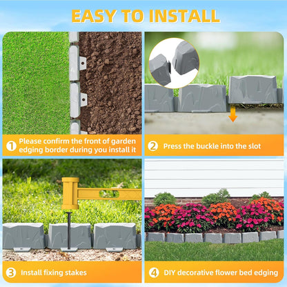 16 Pack(24FT) Landscape Edging w/ 48 Spikes | Flexible Plastic Border for Outdoor, Walkway, Lawn & Weed Control | 24" L x 3" H Faux Stone Edging for Landscaping,Garden Edging Border Stone(Gray) ﻿﻿