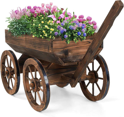 Wood Wagon Planter for Outdoor Balcony Decor - Garden Rustic Wooden Flower Cart with Wheels for Outside Garden Decor Wheelbarrow Planter for Patio
