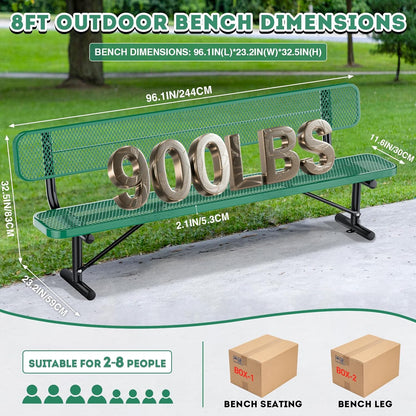 Heavy Duty Park Bench for Outside, Metal Park Bench with Back Portable Frame, Outdoor Steel Mesh Garden Bench with Backrest for Garden, Lawn, Patio, Porch, Park, Yard (Green, 8FT/95INCH)