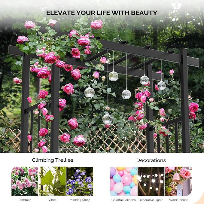 VINGLI Garden Arbor with Gate and Fence, PVC Frame Trellis Garden Arch for Plant Climbing, Vinyl Pergola Wedding Arch Backdrop Standing for Backyard, Lawn, Event (Black)