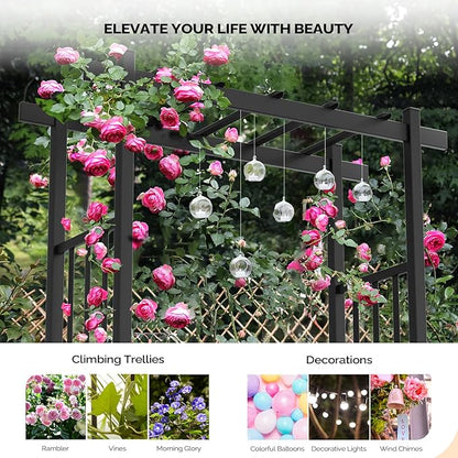VINGLI Garden Arbor with Gate and Fence, PVC Frame Trellis Garden Arch for Plant Climbing, Vinyl Pergola Wedding Arch Backdrop Standing for Backyard, Lawn, Event (Black)