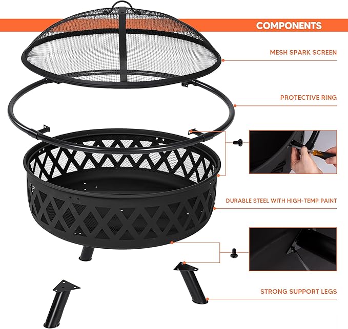 SUNCREAT 42” Patio Fire Pit Wood Burning with Mesh Spark Screen, Bonfire Outdoor firepit with Fireplace Poker, Black