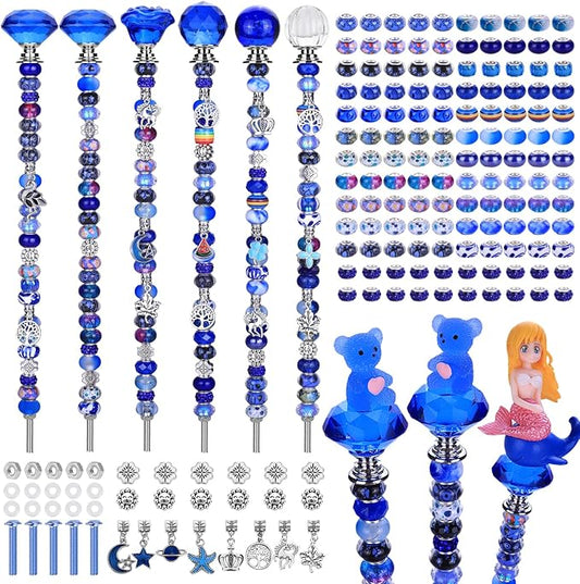 AIPRIDY 158 Pcs DIY Fairy Wand Garden Stakes Kit,Multiple Color Scheme European Beads Crystal Diamond Tops and 12 or 10 Inch Threaded Rods,Stainless Steel Stakes with Diamond Toppe(Sapphire Blue)