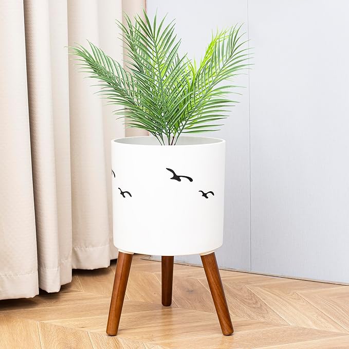 naclto 12 Inch Planter Pot with Stand,Large Modern Plant Pot for Indoor Plants,Flower Pot Indoor Outdoor with Drainage for Home Garden Patio, White and Black