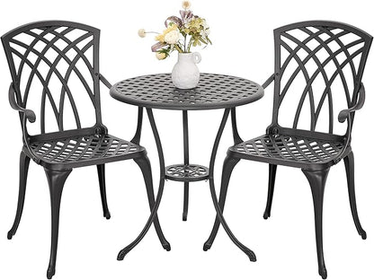 NUU GARDEN Bistro Set 3 Piece Outdoor All Weather Cast Aluminum Patio Bistro Set Patio Table and Chairs Set of 2 with Umbrella Hole for Backyard, Balcony, Front Porch, Lawn, Black