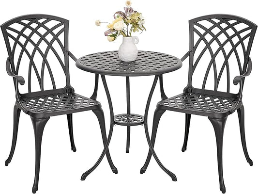 NUU GARDEN Bistro Set 3 Piece Outdoor All Weather Cast Aluminum Patio Bistro Set Patio Table and Chairs Set of 2 with Umbrella Hole for Backyard, Balcony, Front Porch, Lawn, Black