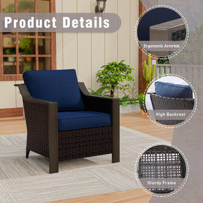 3 Piece Wicker Patio Conversation Set, All-Weather Use Outdoor Wicker Sofa with 2 PE Rattan Chair, Removable Water-Resistant Cushion, Ideal for Porch, Backyard, Balcony, Poolside, Blue