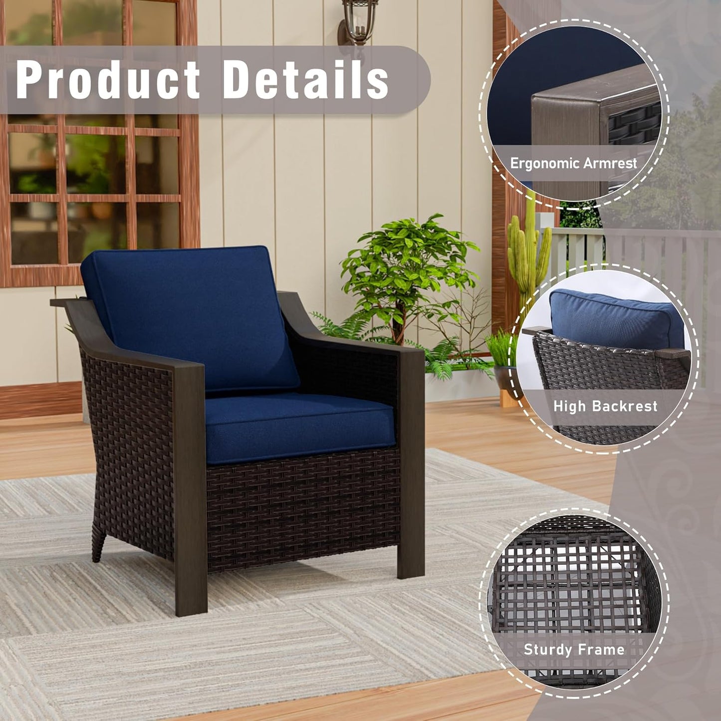 4 Piece Wicker Patio Conversation Set, All-Weather Use Outdoor 2 PE Rattan Chair, 2 Ottoman, Removable Water-Resistant Cushion, Ideal for Porch, Backyard, Balcony, Poolside, Blue