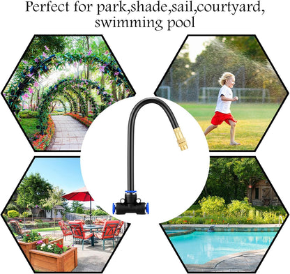 Zonon Brass Misting Nozzles Tee with Built in Hose 360 Degree Rotation Adjustable Water Mister Nozzles Thread Sprayer 0.043" Misting Parts and Accessories for Patio Outdoor Cooling(15 Pcs,8 Inch)