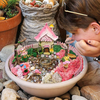 DONABELA Fairy Garden Decor Kit Pink Resin Miniature House Figurines Set Swing Directional Sign Bird Drinking Pool Fence Little Mushroom Outdoor Tiny Accessories Supplies