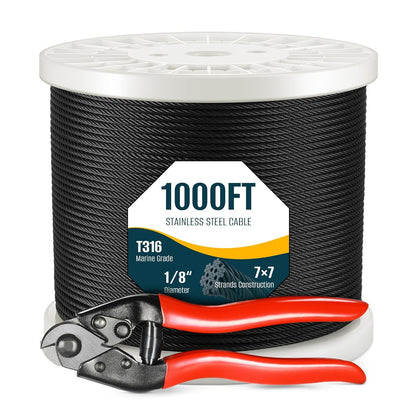 1000FT 1/8" Black T316 Stainless Steel Cable, 7x7 Strands Construction, Black Wire Rope Aircraft Cable for Indoor, Outdoor, Deck Fence Railing, and DIY Balustrades