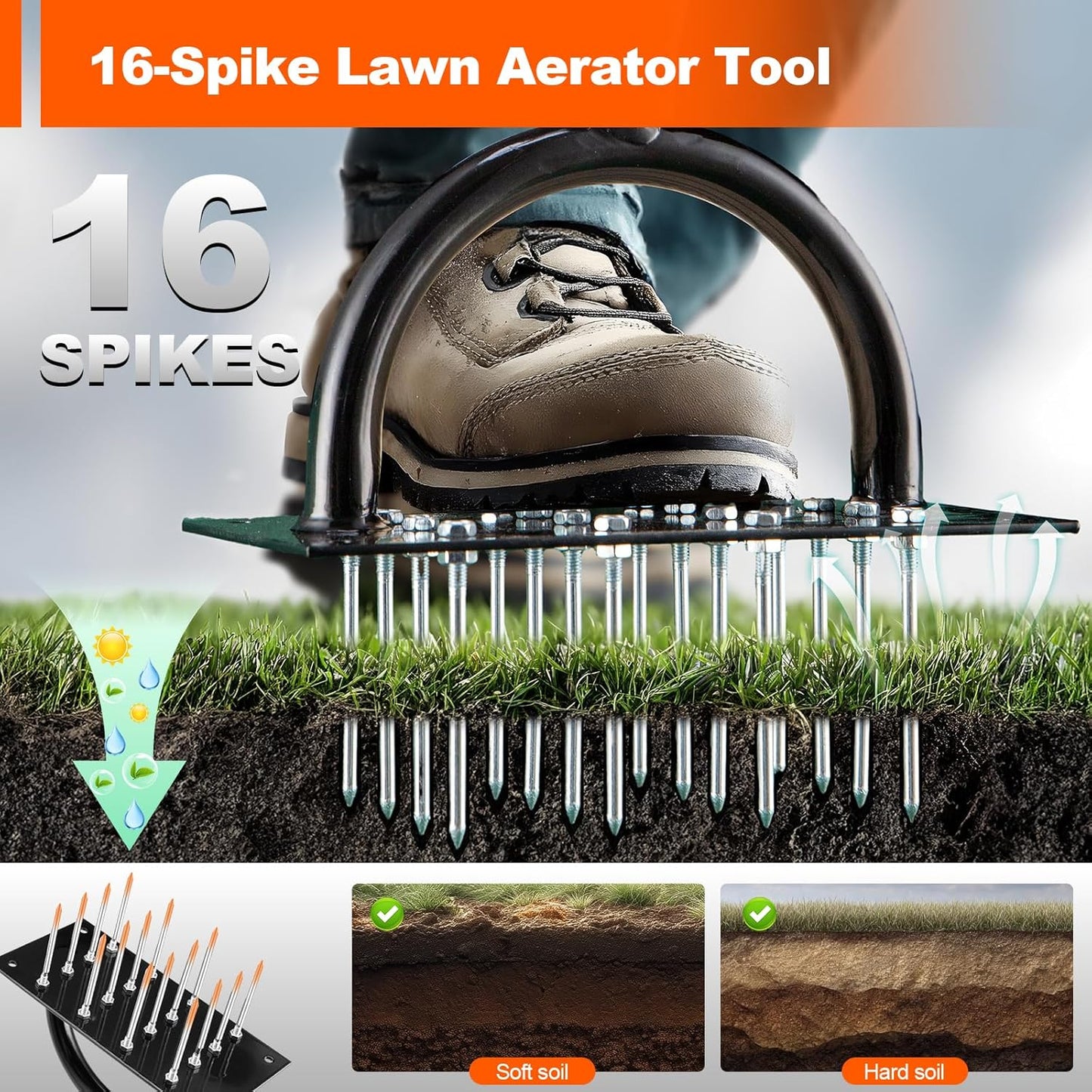 Bluesea Lawn Aerator Tool - 16 Iron Spikes with Ergonomic T-Handle, Automatic Dirt Clean for Soil Loosening & Yard Aeration, Manual Metal Grass Aerator (Black - Orange)