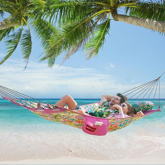 Lazy Daze Hammocks 12 FT Quilted Fabric Hammock with Curved Aluminium Spreader Bar, Outside Double Thickened Hammock with Soft Pillow, Side Pocket 450 Lbs Capacity for Patio, Poolside, Floral