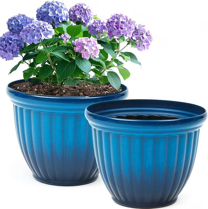 15" H Large Flower Pots, Set of 2 Plastic Planters for Outdoor Plants with Gradient Blue Finish and 3D Textures, Weather-Resistant for Porch, Garden, Patio or Indoor Use