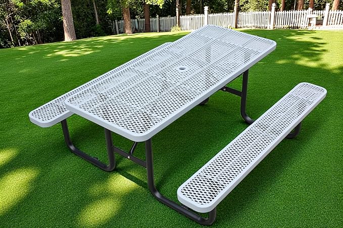 72'' Rectangular Steel Picnic Table for Outdoors,Commercial Metal Picnic Table Bench Set with Umbrella Hole,School Canteen Table W/Seats - Heavy Duty Sturdy Picnic Tables Furniture for Patio Garden