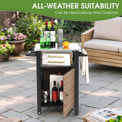 HOMEFUN Kitchen Island Cart Wicker Grill Prep Station & Stainless Steel Outdoor Serving Bar Table with Hooks Wheels Poolside Patio Grassland (Small)