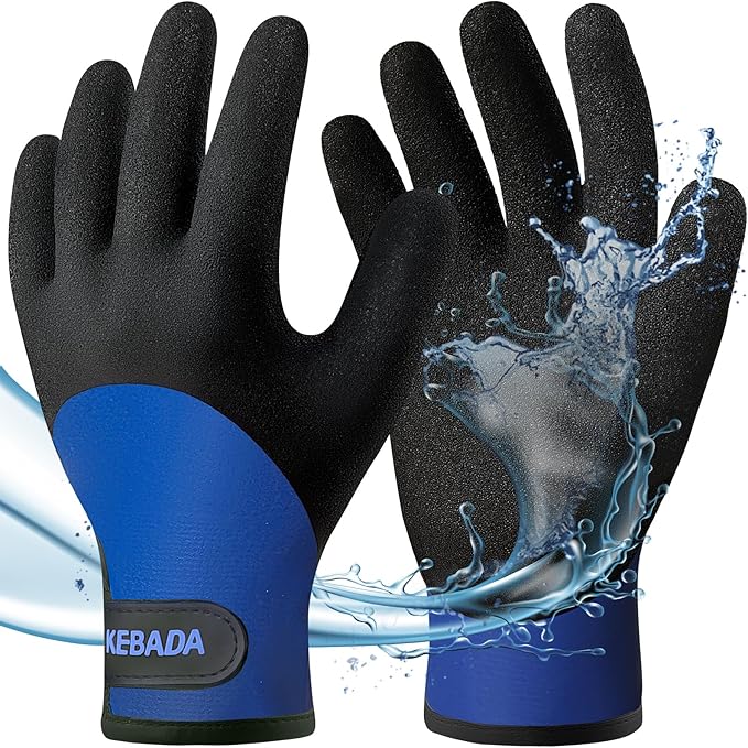 Kebada T2 Waterproof Winter Work Gloves for Men and Women - Thermal Insulated Freezer Gloves for Working in Freezer for Cold Weather, 100% Latex Coating, Wrist Closure, 1 Pair, Blue, Medium