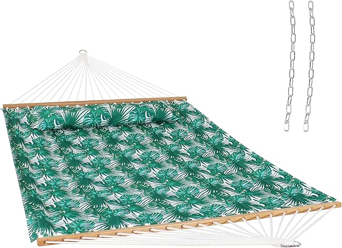 Sunnydaze Quilted Outdoor Hammock with Spreader Bars - Heavy-Duty 450-Pound Capacity Double Hammock for Outside - Green Palm Leaves