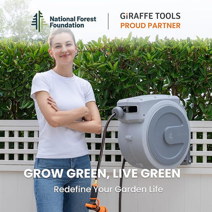 Giraffe Tools Retractable Garden Hose Reel, 5/8 in x 90 ft Heavy Duty Hose Reel With 9 Pattern Nozzle, Any Length Lock, Wall Mount Water Hose Reel, 180°Swivel, Light Grey