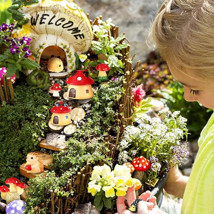 Woanger 30 Pcs Fairy Outdoor Garden Accessories Resin Mini Hedgehog Mushroom Miniature Figurines Garden Tiny Animals Figurines for House Terrarium Plant Bonsai Craft Decor(Cute)