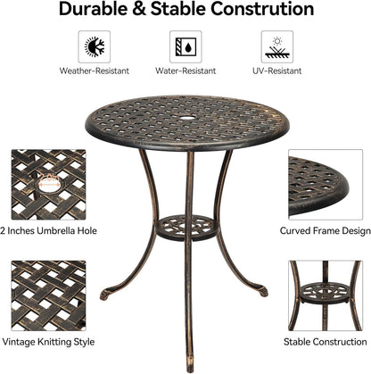 24" Outdoor Round Patio Bistro Table, Cast Aluminum Outdoor Cafe Table with 2 inch Umbrella Hole for Porch,Backyard,Garden, (Classic Square Pattern, Brown)