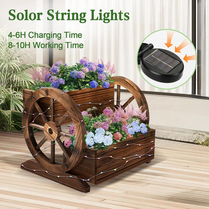 Wooden Wagon Planter Box with Solar Light, Garden Planter with Wheels,Decorative for Flowers Herbs Vegetables for Indoor & Outdoor Decor,Wooden Flower Cart for Patio Garden Balcony