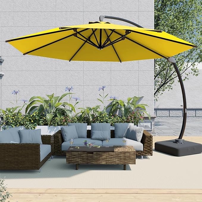Outdoor Patio Umbrella with Sand Bag Included, 11 FT Deluxe Curvy Cantilever Umbrella Offset Hanging Umbrella with 360° Rotation for Market, Pool, Garden, Backyard, Deck