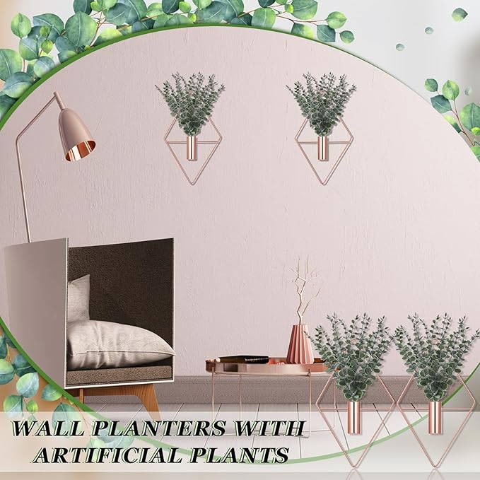 Jexine Hanging Planters with Artificial Eucalyptus Metal Hanging Vase Indoor Plants Holder Modern Geometric Boho Bathroom Wall Decor for Living Room Home Office(Rose Gold,4 Pcs)