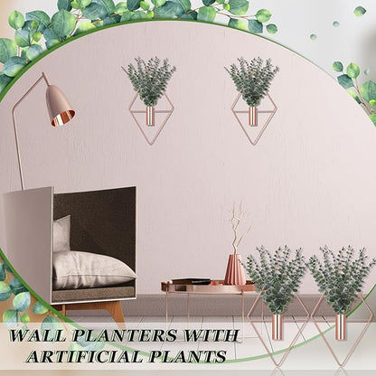 Jexine Hanging Planters with Artificial Eucalyptus Metal Hanging Vase Indoor Plants Holder Modern Geometric Boho Bathroom Wall Decor for Living Room Home Office(Rose Gold,4 Pcs)