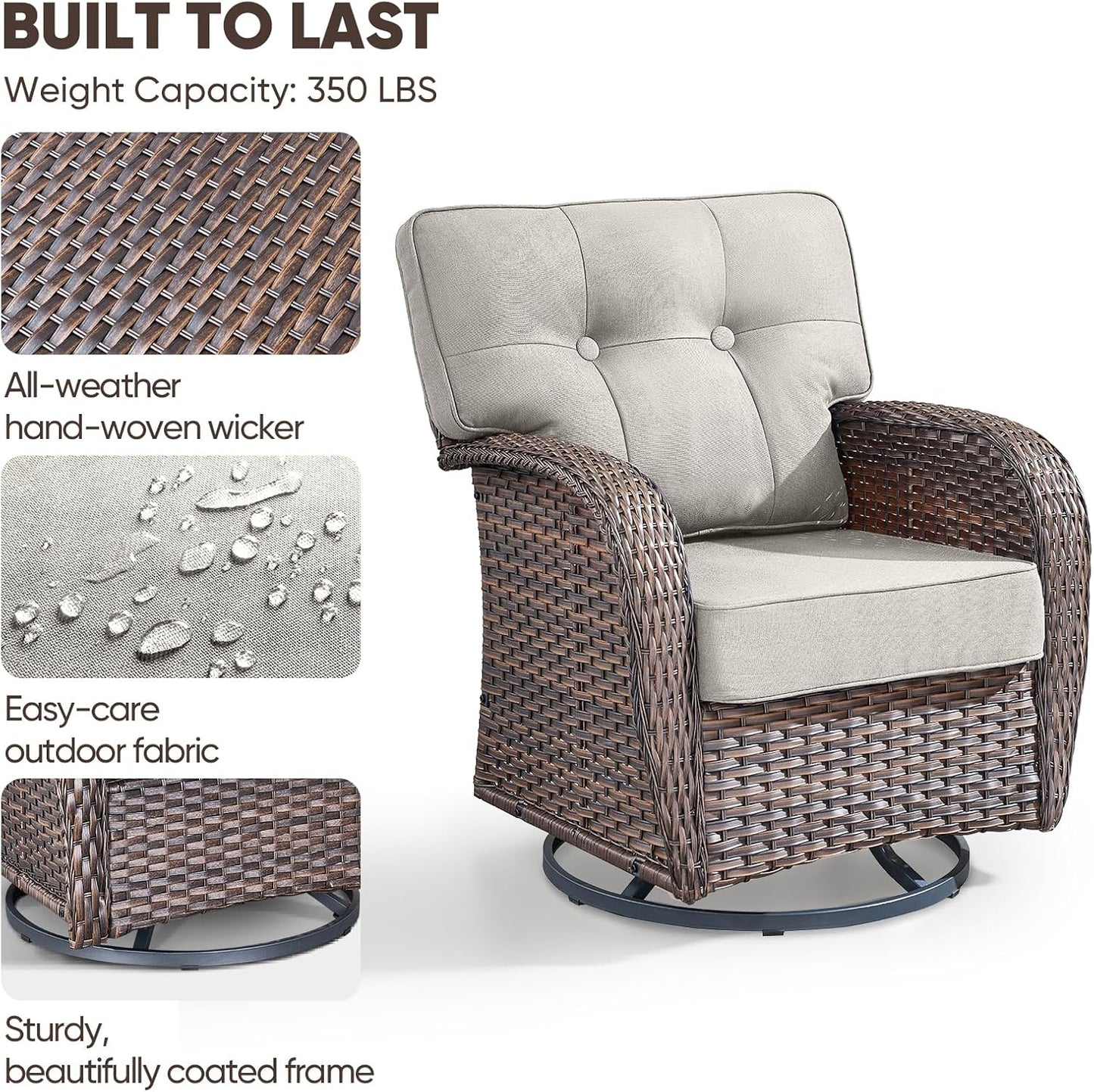 6-Piece Rotating Balcony Chair Set with 31-inch T-Shaped Wide backrest - Rattan Outdoor Rotating Balcony Chairs, Wide backrest Comfortable Outdoor Sliding Chair - Brown | Beige