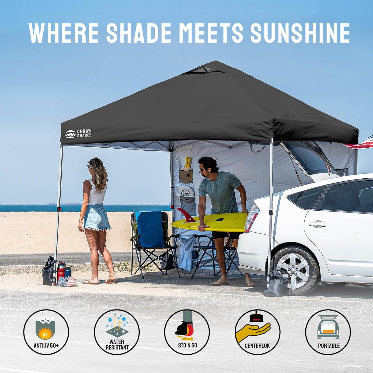 CROWN SHADES Canopy Tent, 10 x 10 Foot Portable Pop Up Outdoor Shelter with Pocket Sidewall, Push Center Lock, UV Protection, and Carry Bag, Black