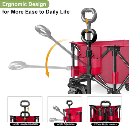 LUXCOL Collapsible Folding Wagon, Heavy Duty Utility Beach Wagon Cart for Sand with Big Wheels, Adjustable Handle&Drink Holders for Shopping, Camping,Garden and Outdoor