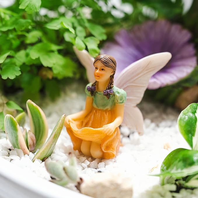 PRETMANNS Fairies for Fairy Garden - Colorful Accessories Kit for an Indoor or Outdoor Miniature Garden - 7 Piece Hand-Painted Resin Figurine Set with a Flower Stump & Mushrooms