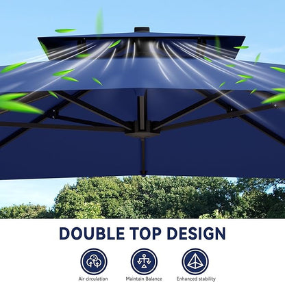 10x13 FT Cantilever Patio Umbrella Double Top Outdoor Rectangular Large Heavy Duty Aluminum Offset Umbrellas with 7 Level Tilt 360-degree Rotation for Pool Garden Deck, Navy