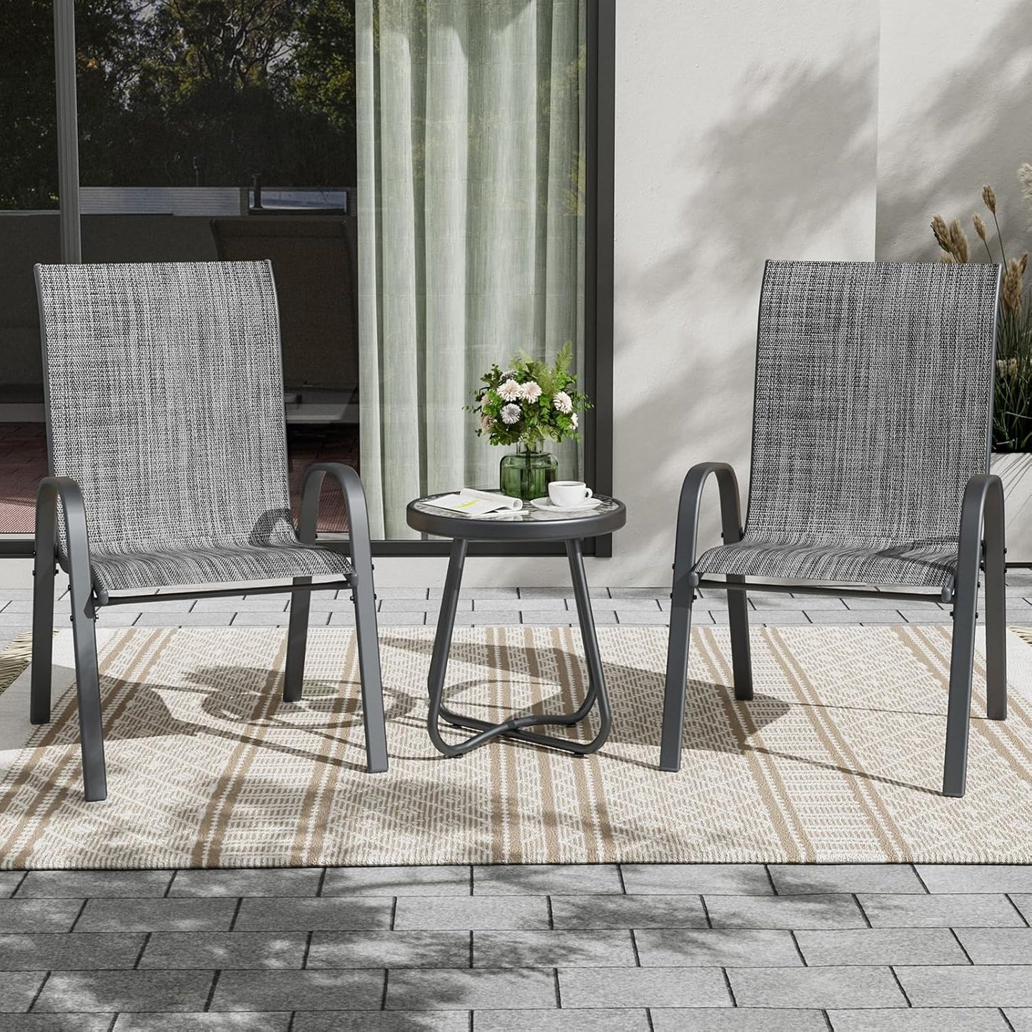 UDPATIO Patio Dining Set of 3, Outdoor Table and Chairs Set with Glass Table, 2 Stackable Patio Chairs with High Back, Outdoor Furniture Sets for Deck Garden Backyard Lawn Poolside (Dark Grey)